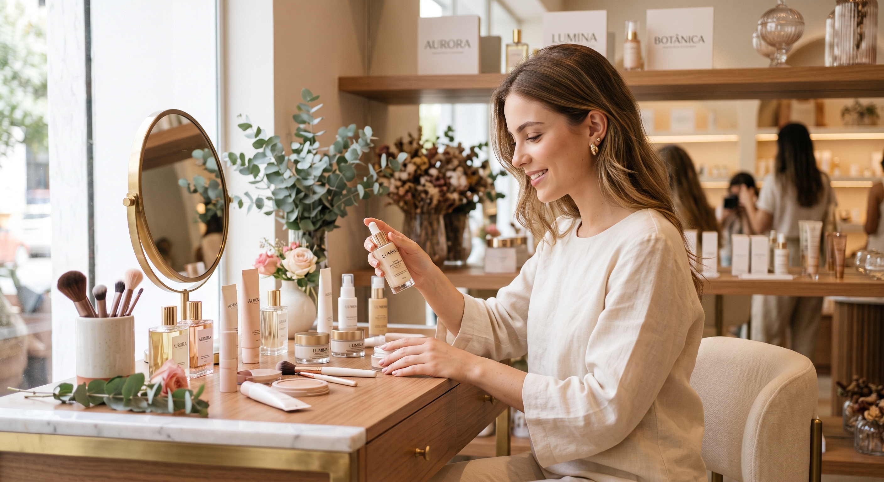 Mujer probando productos de cosmética